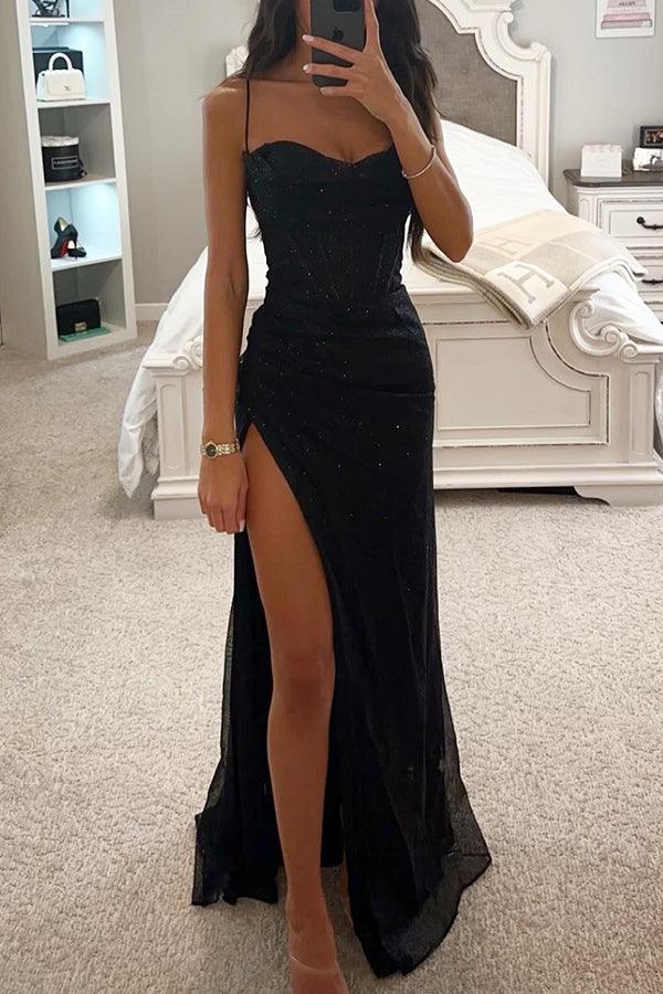 Women’s Embellished Neckline Spaghetti Straps Maxi Dress with High Slit