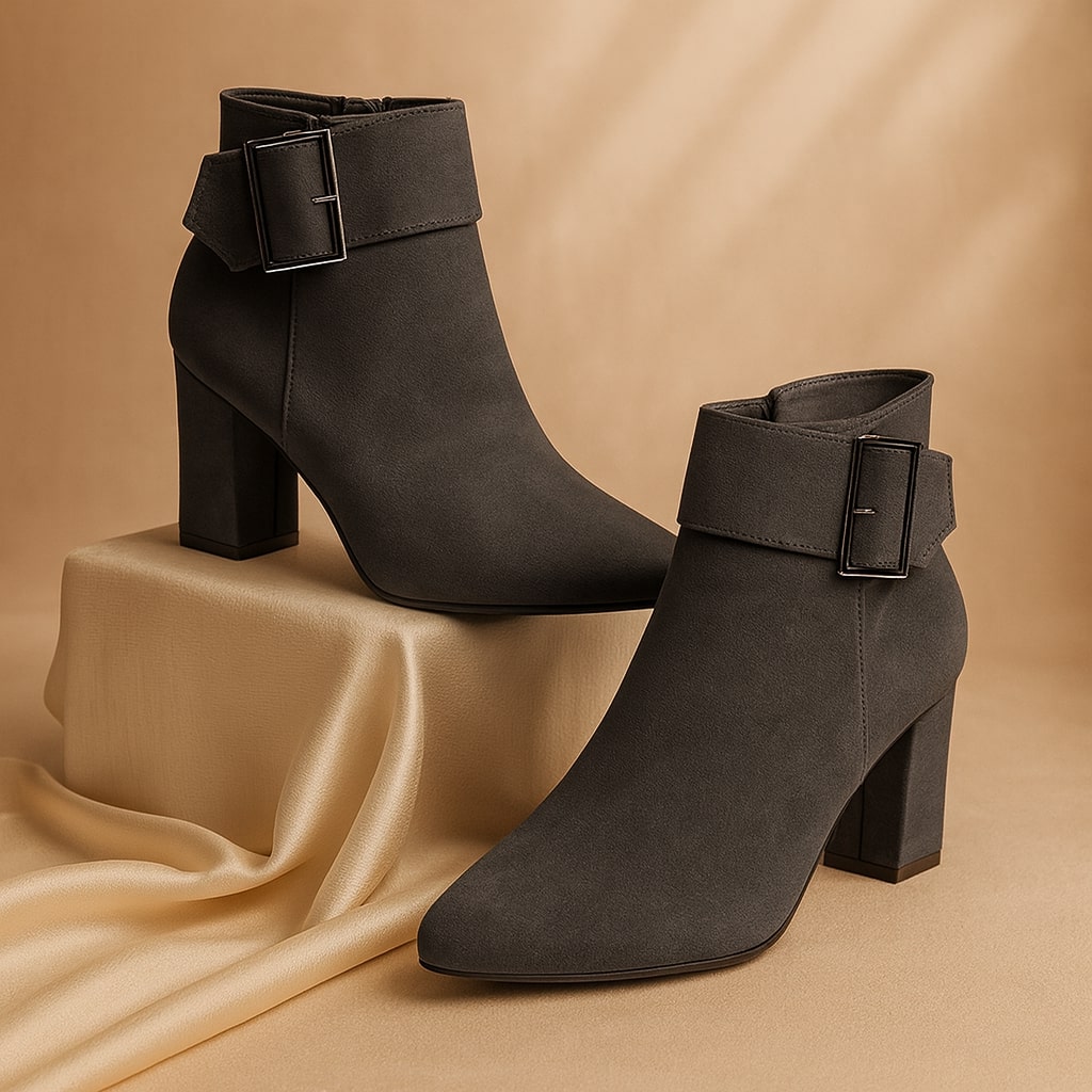 Women's Suede Buckle Ankle Boots – Block Heel & Side Zip