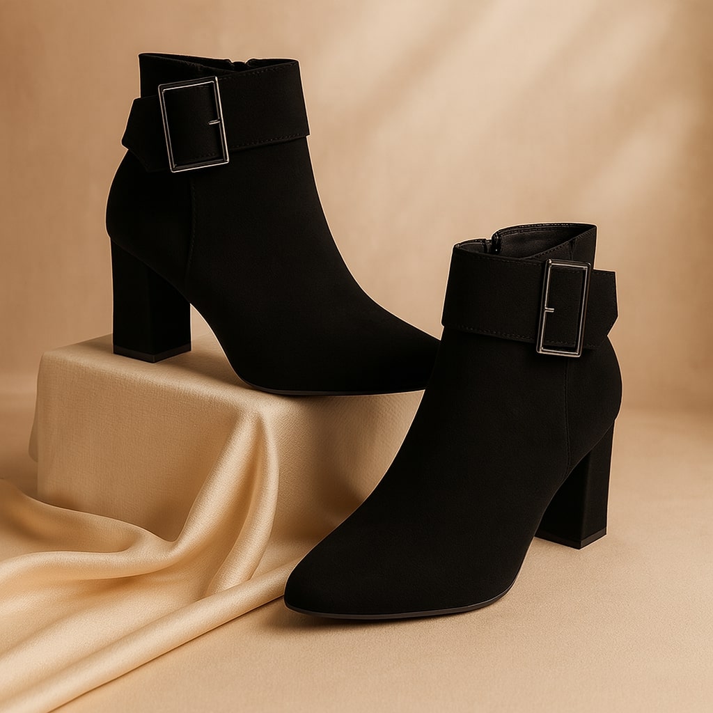 Women's Suede Buckle Ankle Boots – Block Heel & Side Zip