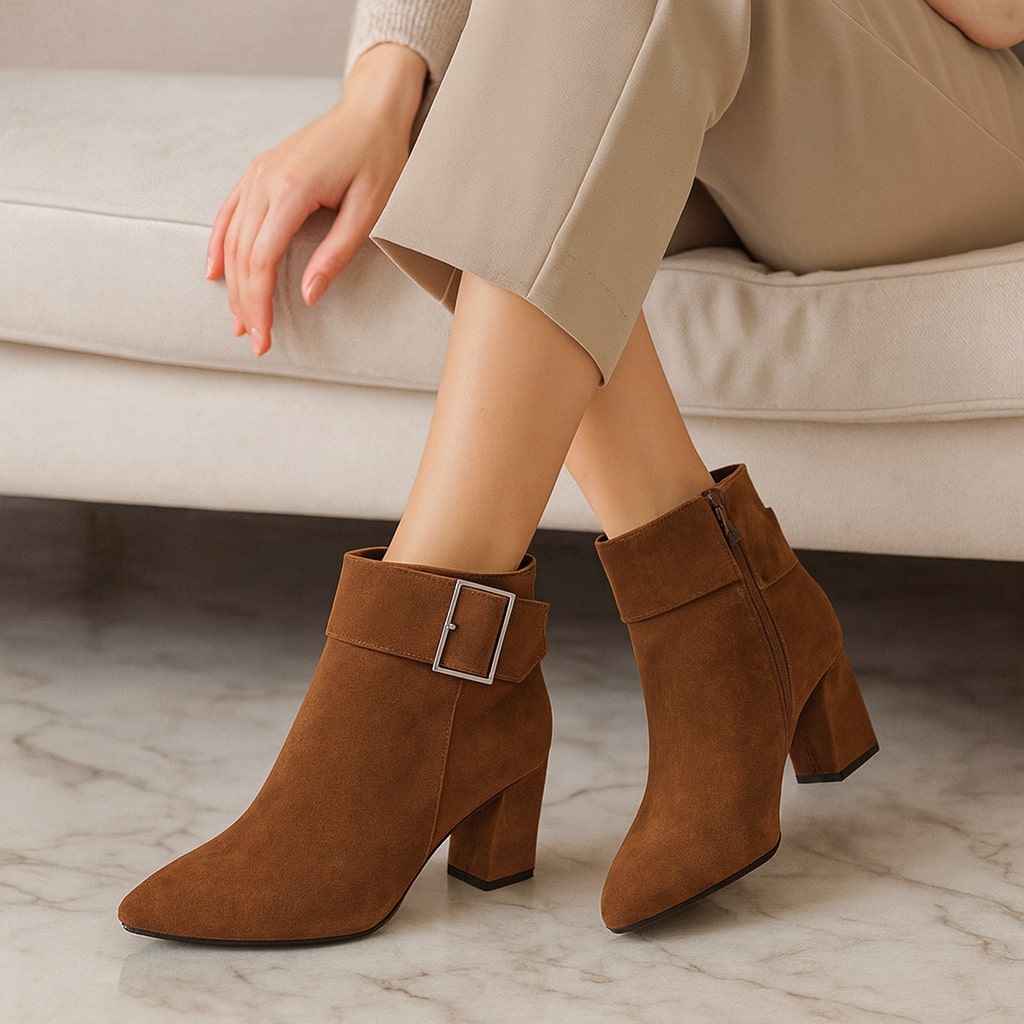 Women's Suede Buckle Ankle Boots – Block Heel & Side Zip