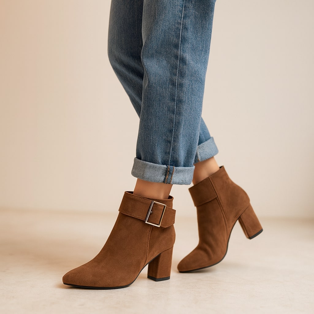 Women's Suede Buckle Ankle Boots – Block Heel & Side Zip
