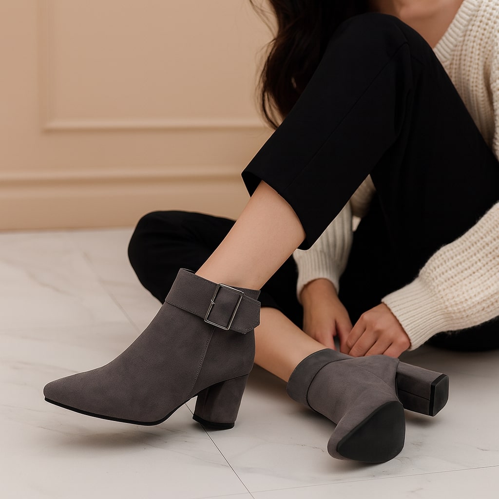 Women's Suede Buckle Ankle Boots – Block Heel & Side Zip