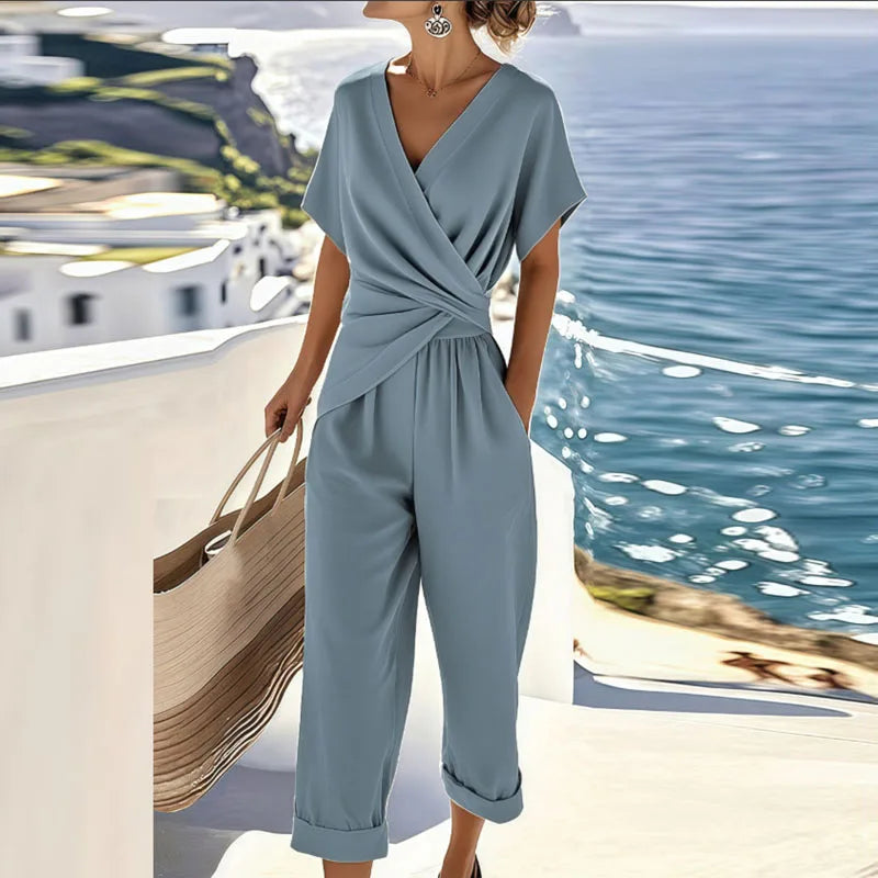 Women's Wrap-Front Two-Piece Set – Top & Cropped Pants