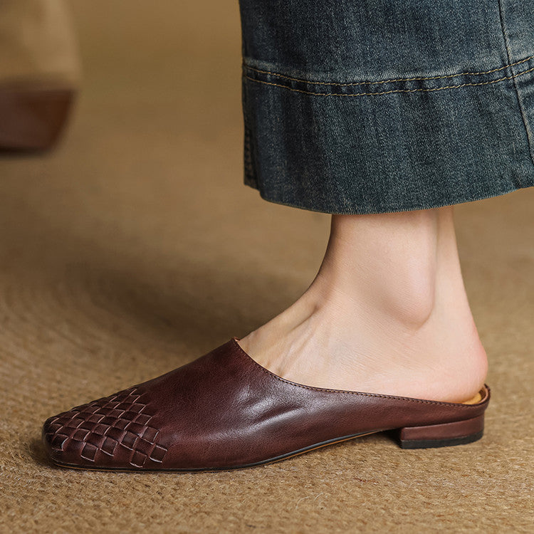 Women's Genuine Leather Woven Slip-On Mules