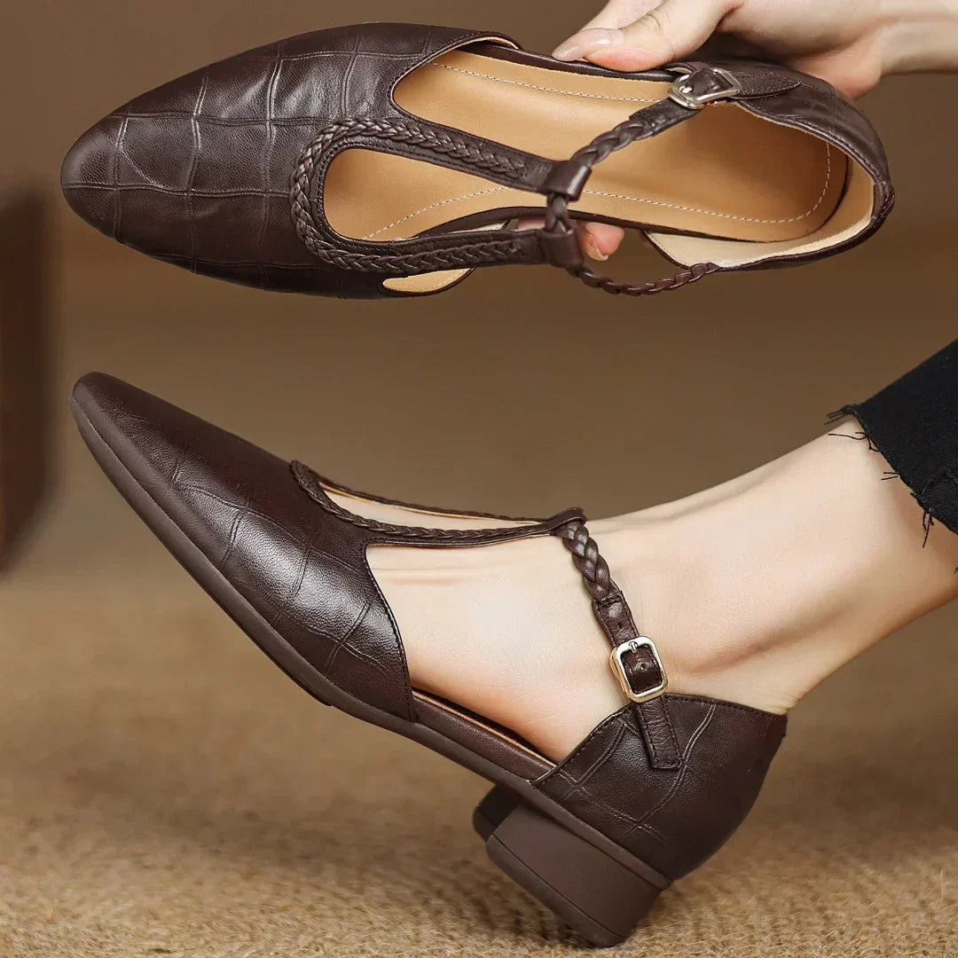 Women's Leather T-Strap Mary Jane Flats – Buckle Detail