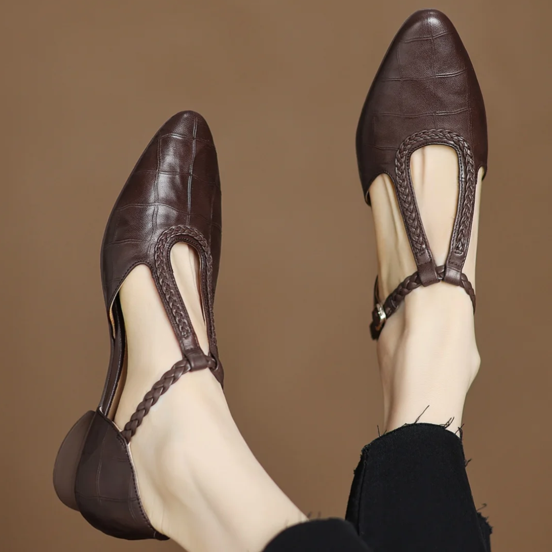 Women's Leather T-Strap Mary Jane Flats – Buckle Detail