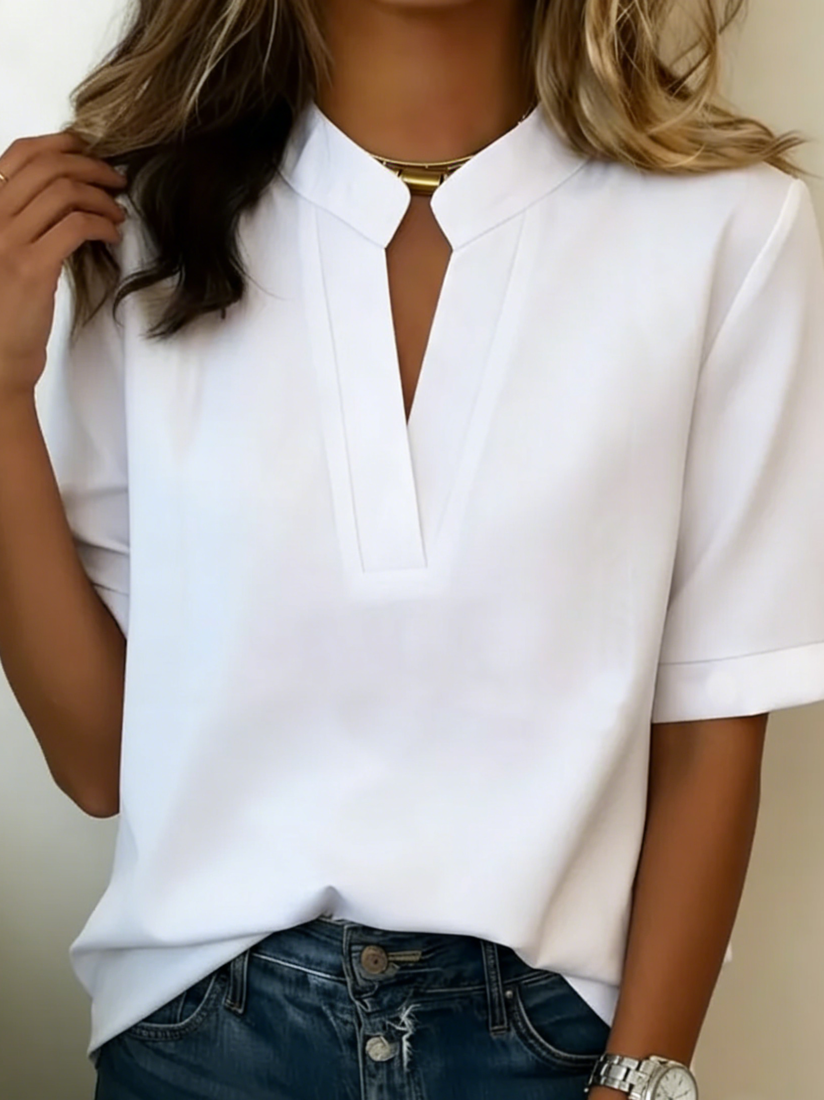 Women's V-Neck Blouse with Gold-Button Detail