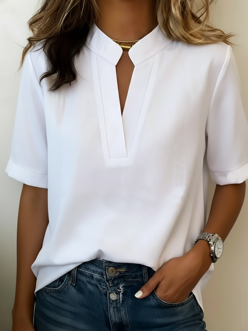 Women's V-Neck Blouse with Gold-Button Detail