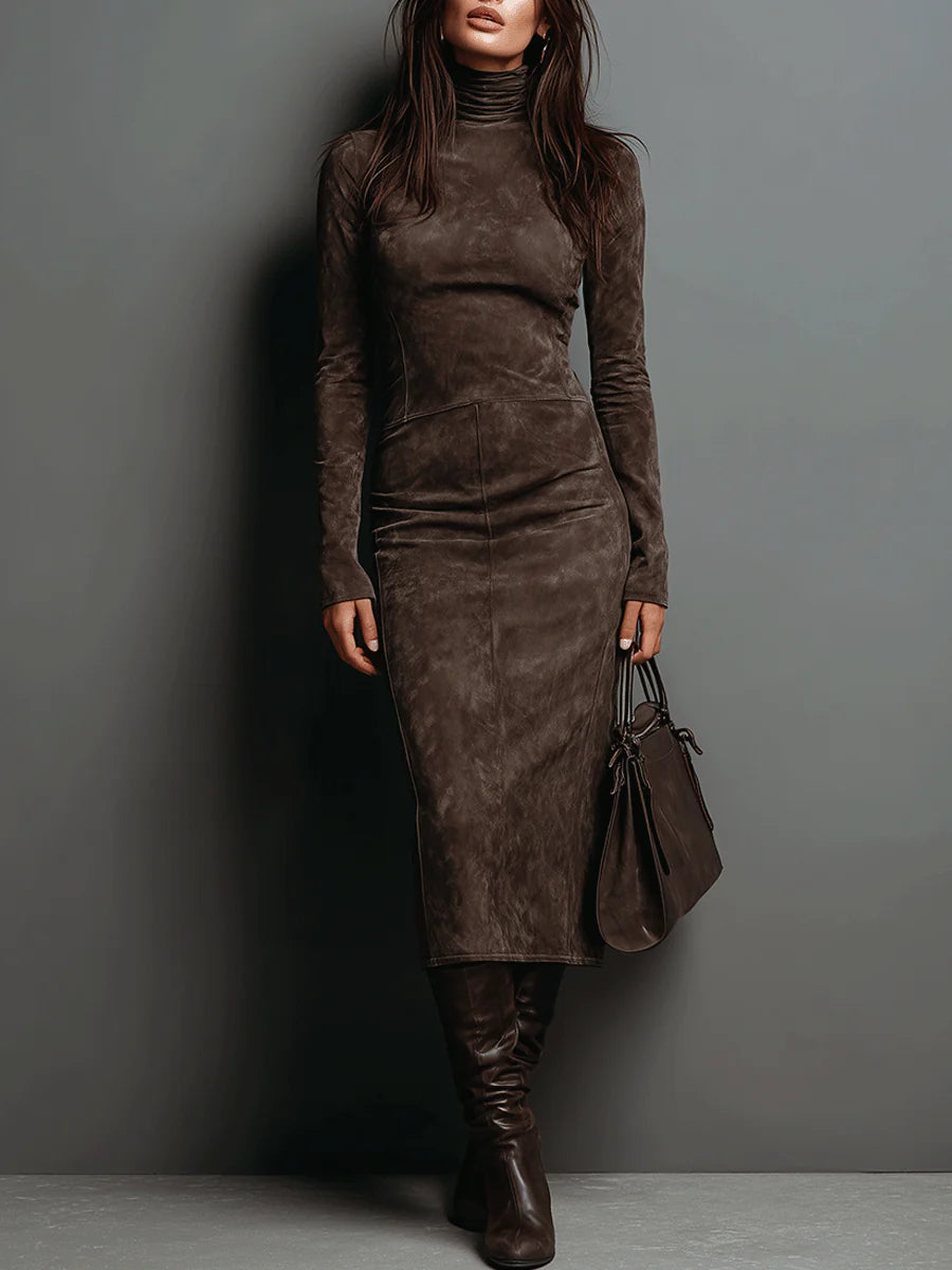 Women's Suede-Look High-Neck Maxi Dress – Lace Slit