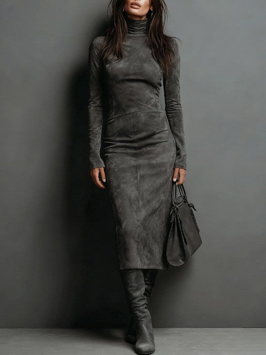 Women's Suede-Look High-Neck Maxi Dress – Lace Slit