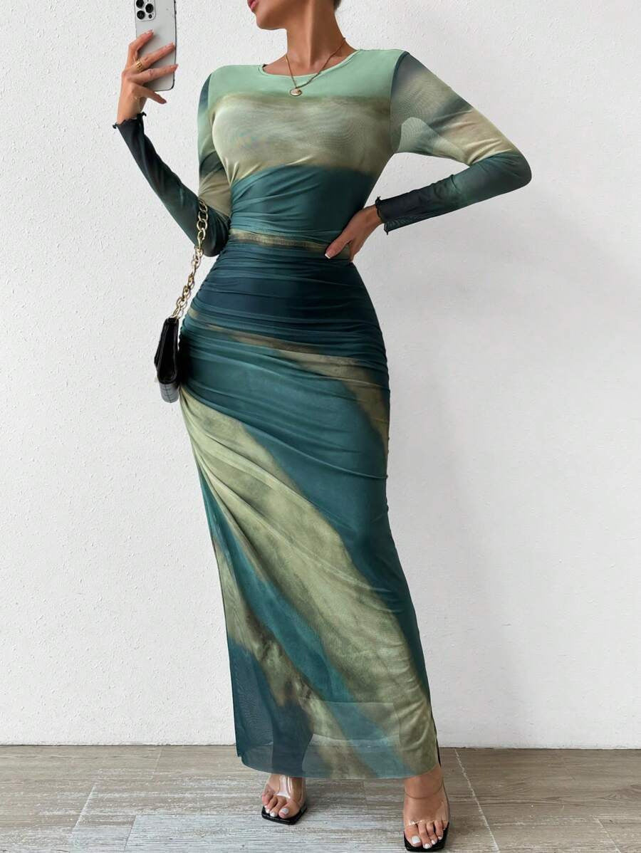 Women's Printed Long-Sleeve Bodycon Maxi Dress