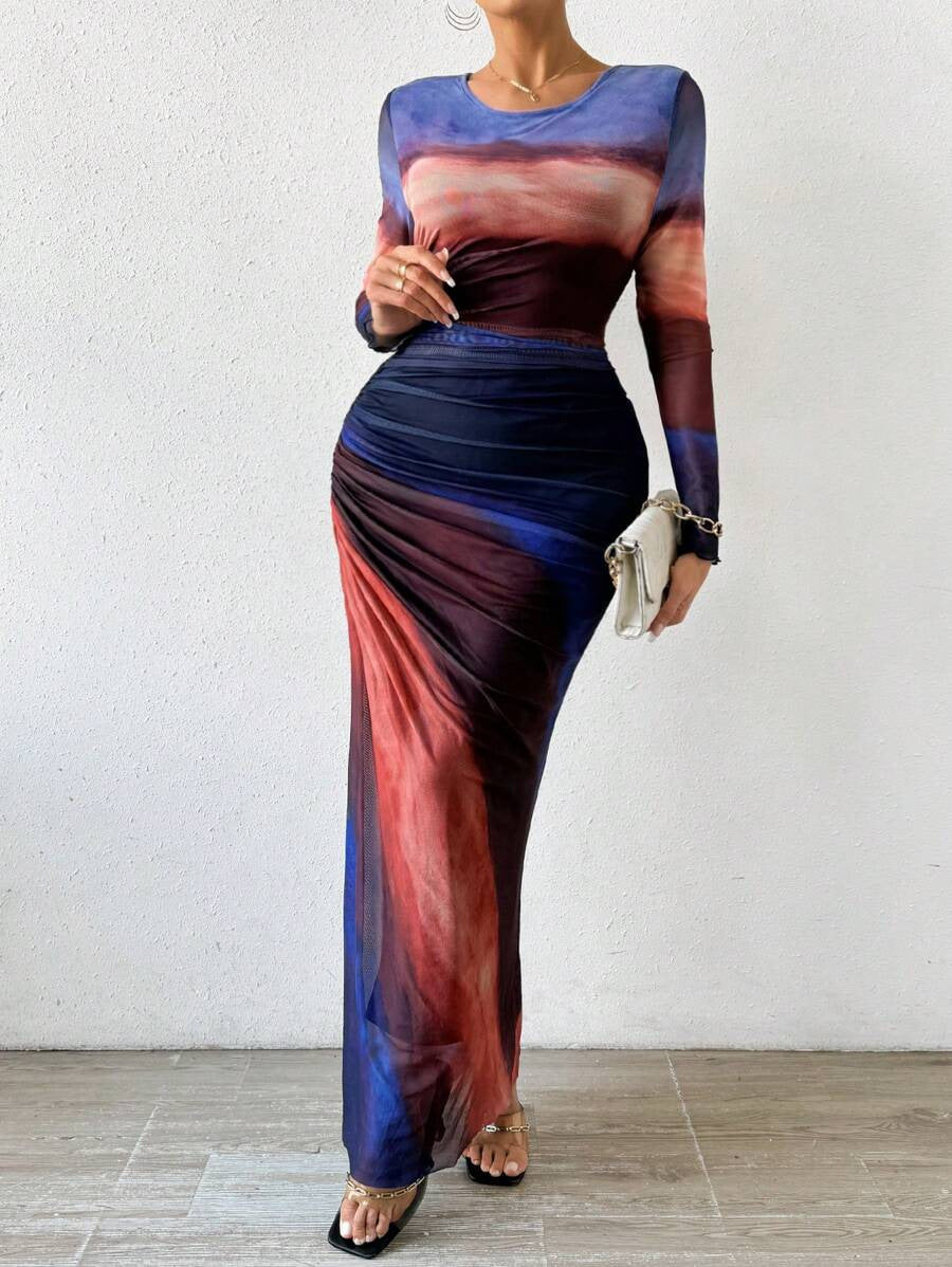 Women's Printed Long-Sleeve Bodycon Maxi Dress