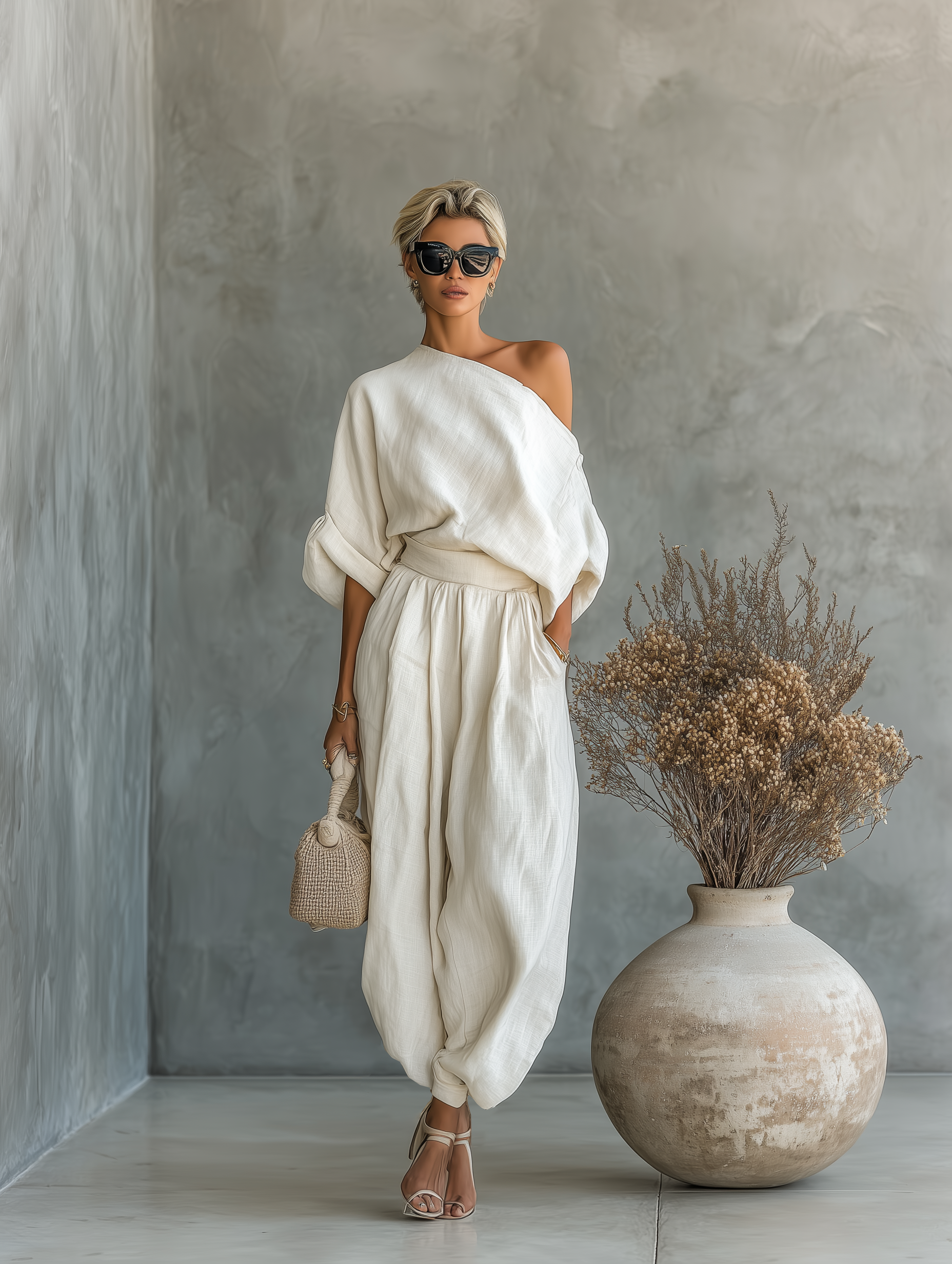 Women's Linen Off-Shoulder Top & Tapered Pants Set – Casual