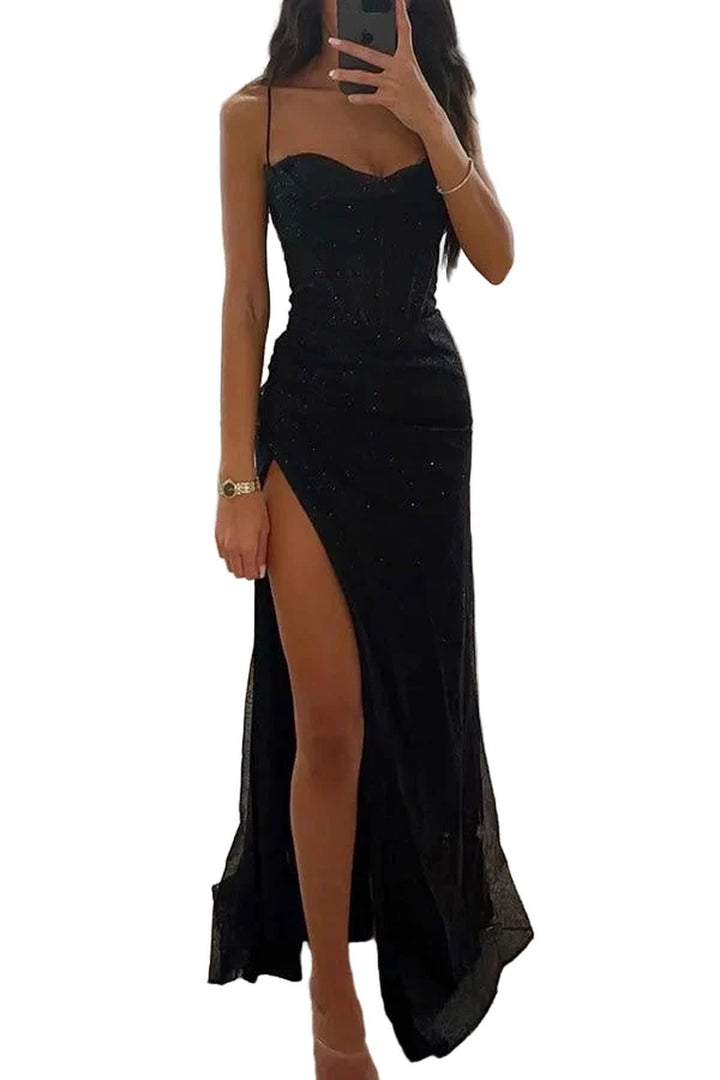Women'S Summer Shimmer Corset Long Dress with Slit and Spaghetti Strap