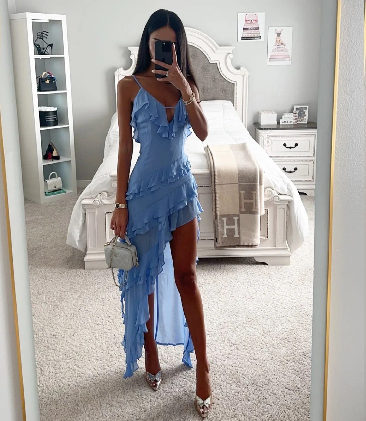 Women's Summer Dress Blue Polyester Knee-Length